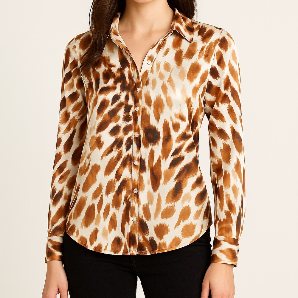 Brown Leopard Print Satin Button Down Blouse | Animal Print Long Sleeve Top